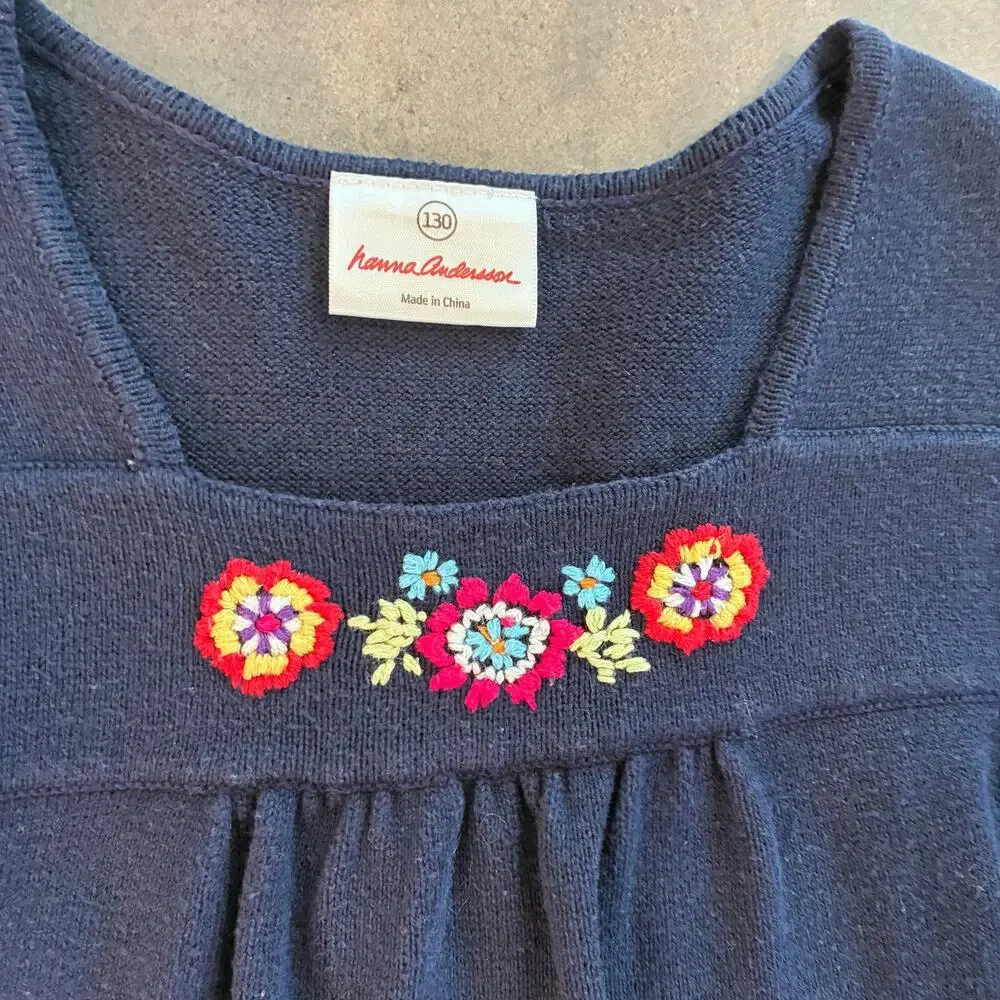 Hanna Andersson navy blue 100 cotton embroidered sweater dress girls 8